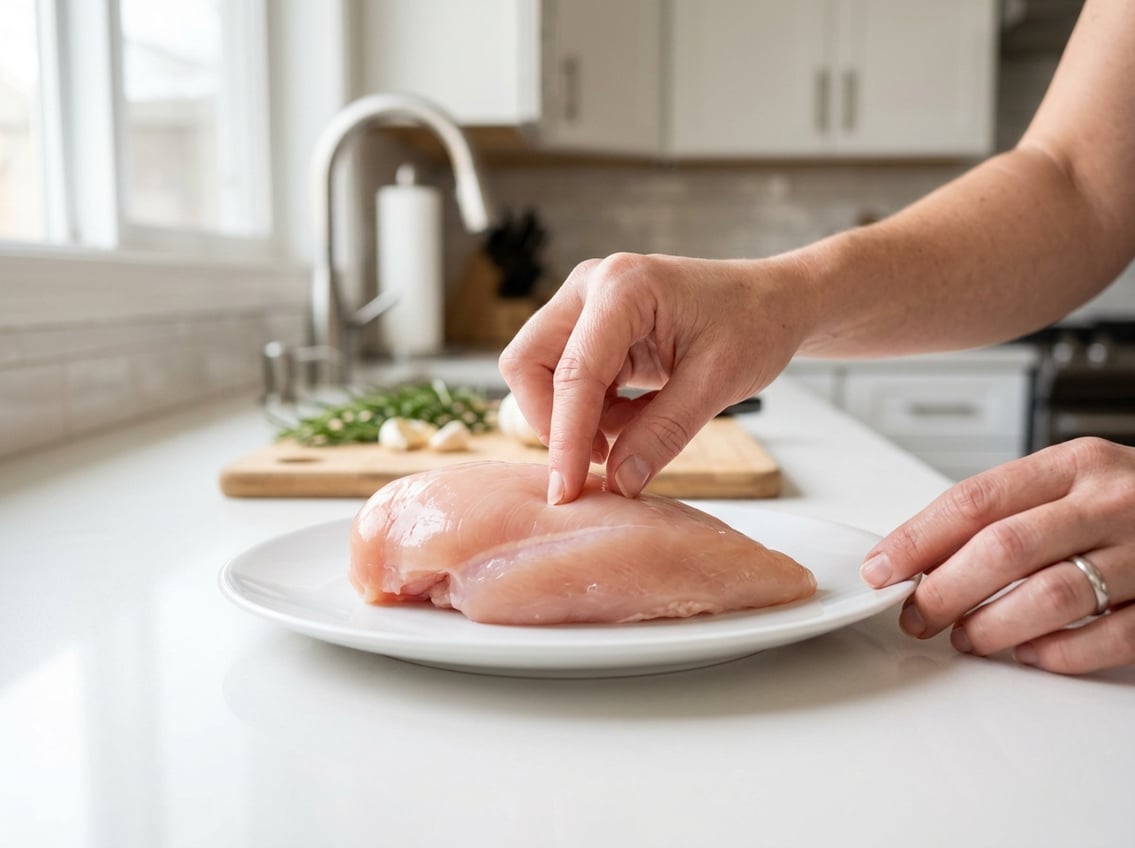 Hands inspecting a raw chicken breast on a kitchen countertop.