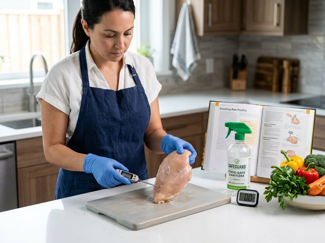 Person wearing gloves holding a raw chicken breast over a cutting board in a clean kitchen with a thermometer and sanitizer nearby.