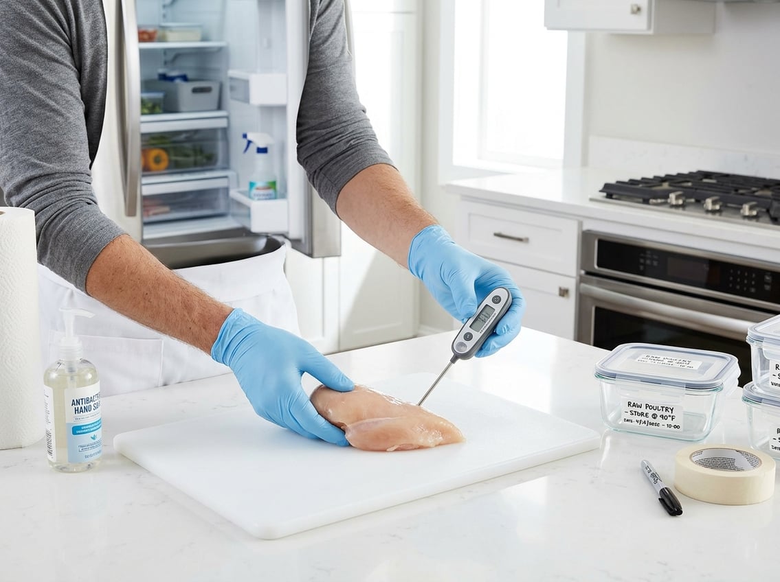 A person wearing gloves holding a raw chicken breast in a clean kitchen with food storage containers and a refrigerator in the background.
