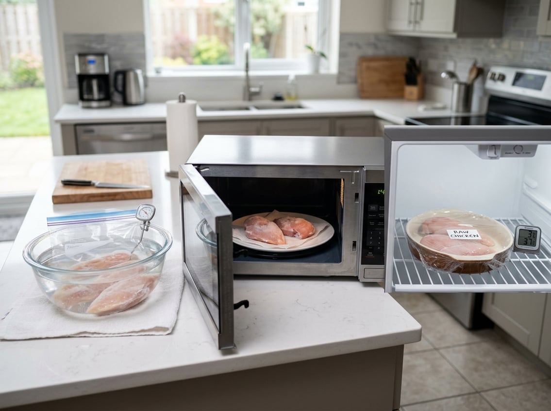 A kitchen countertop showing chicken breasts being defrosted using cold water, a microwave, and a refrigerator.