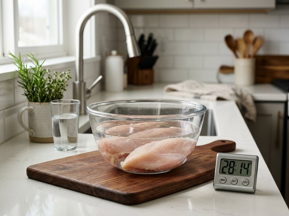 Raw chicken breasts in a bowl of water on a kitchen countertop with a timer nearby.