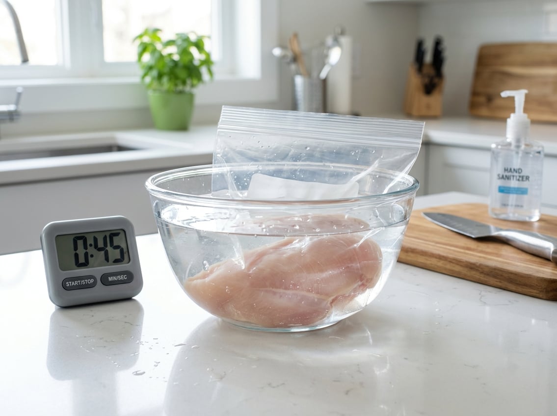 A kitchen scene showing raw chicken breast in a sealed plastic bag submerged in a bowl of water with a digital timer nearby.