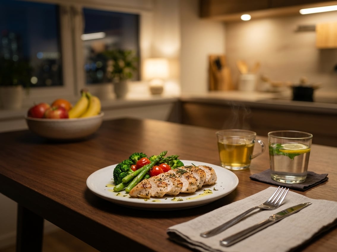 A small portion of grilled chicken breast on a plate with a side of vegetables and a glass of water on a table in a softly lit kitchen.