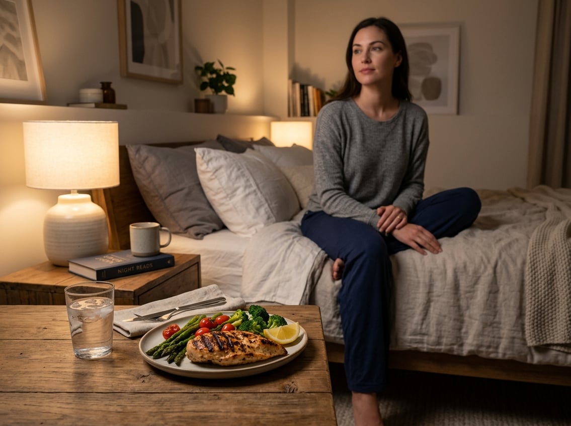 A person sitting on the edge of a bed in a softly lit bedroom with a plate of grilled chicken breast and vegetables on a bedside table.