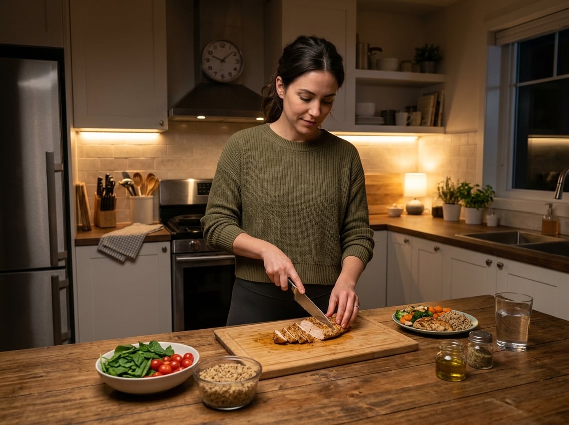 Person slicing cooked chicken breast in a softly lit kitchen at night with fresh vegetables and a glass of water nearby.