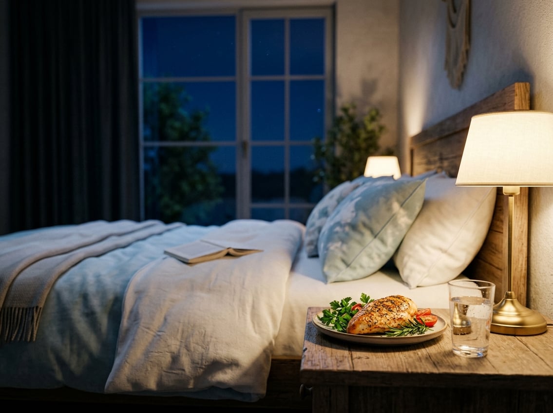 A nighttime bedroom scene showing a plate with chicken breast and herbs on a bedside table next to a glass of water by a neatly made bed.