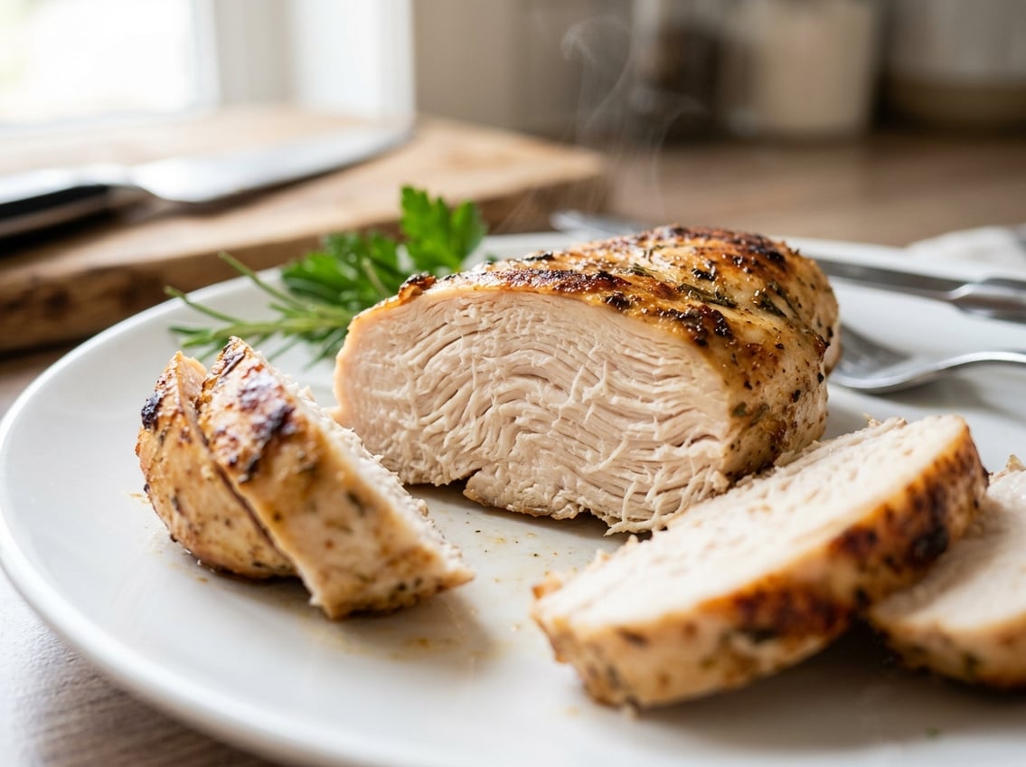 Close-up of a sliced cooked chicken breast showing its stringy texture on a white plate with fresh herbs in the background.