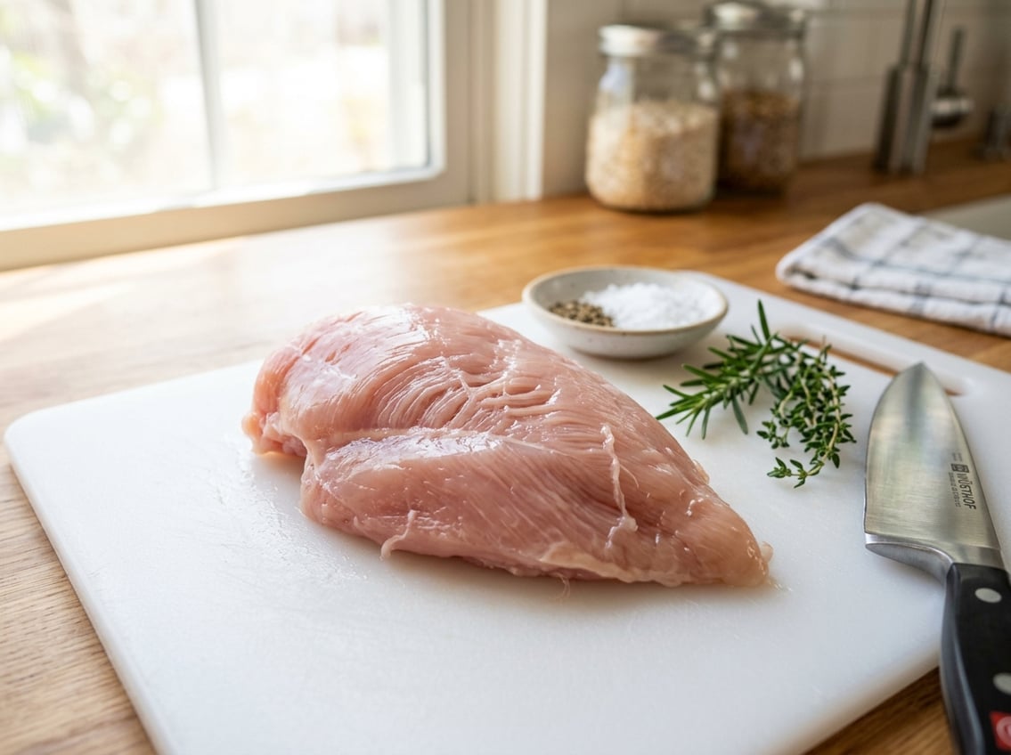 Close-up of a raw chicken breast with visible stringy texture on a white cutting board surrounded by herbs and a knife in a bright kitchen.