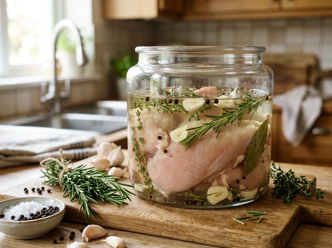 Raw chicken breasts soaking in a glass container filled with brine, surrounded by fresh herbs and seasoning in a kitchen setting.