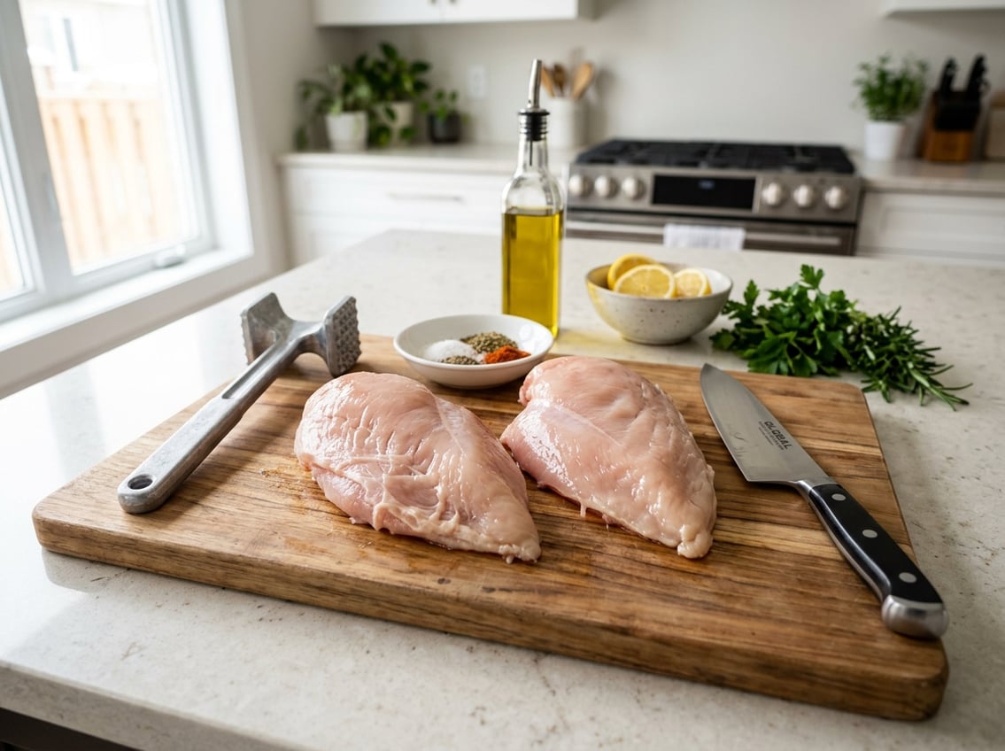 Raw chicken breasts on a wooden cutting board with kitchen tools and fresh ingredients on a countertop.