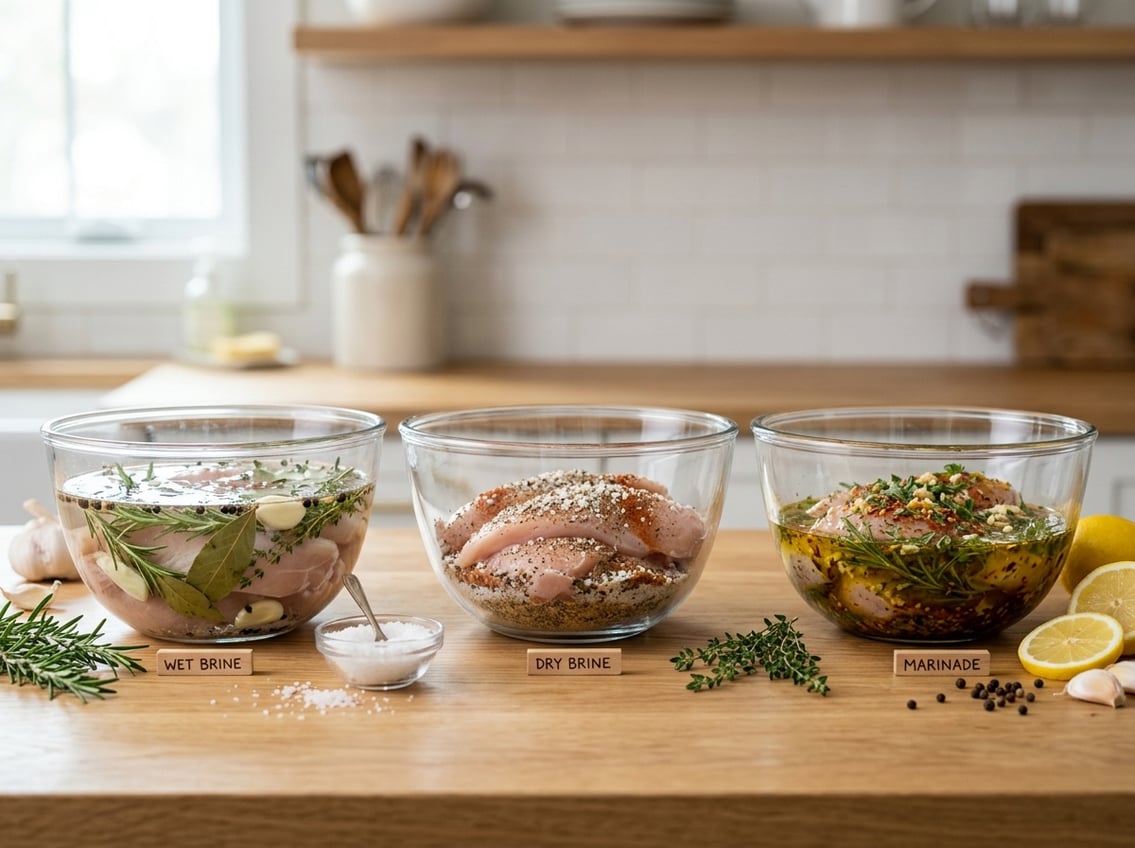 Three bowls on a kitchen counter showing wet brine, dry brine, and marinade preparations with raw chicken breasts and herbs.