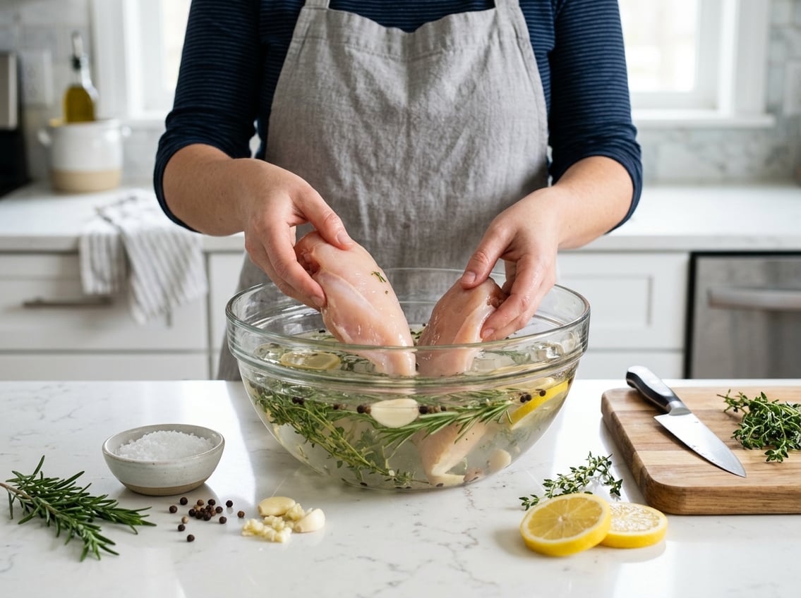Hands placing raw chicken breasts into a glass bowl filled with brine solution and herbs on a kitchen countertop.