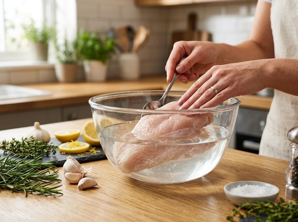 Close-up of a raw chicken breast soaking in a glass bowl of saltwater with herbs and lemon slices on a kitchen countertop.