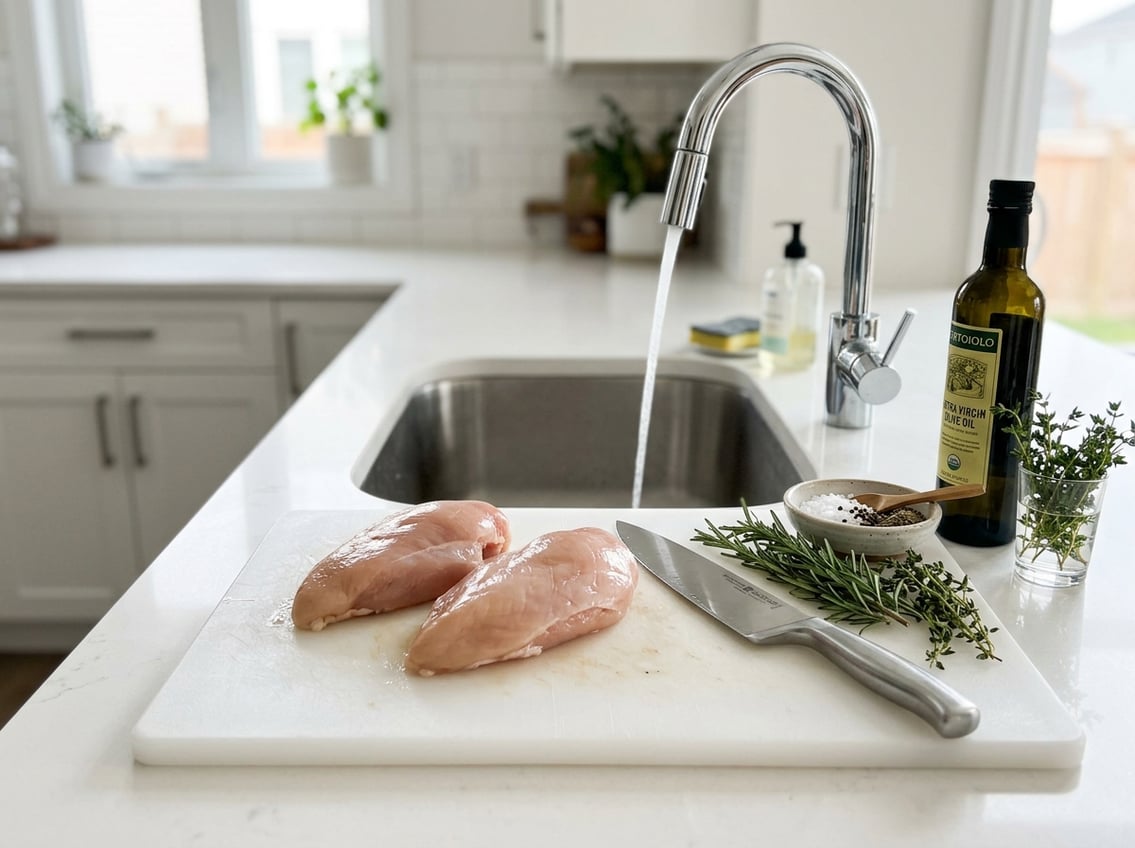 Raw chicken breasts on a cutting board next to a kitchen faucet and cooking ingredients on a countertop.