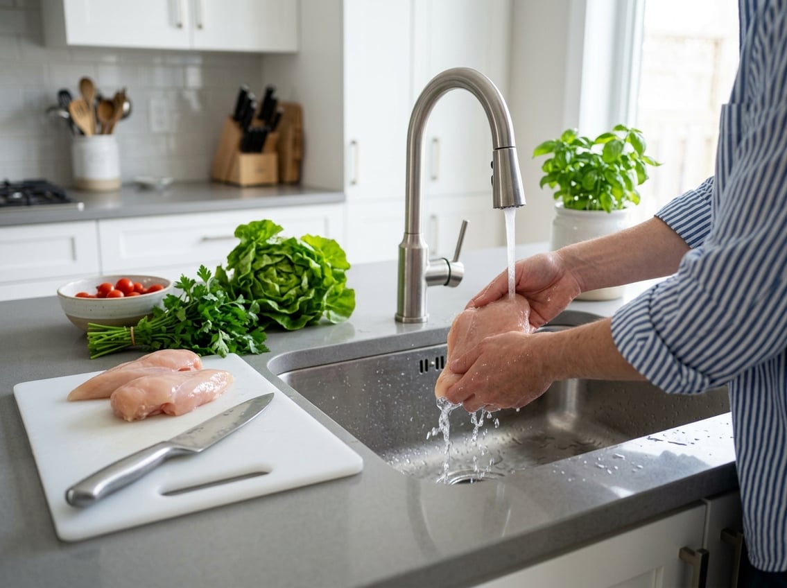 Hands rinsing raw chicken breasts under running water in a kitchen sink with fresh vegetables and utensils on the countertop.