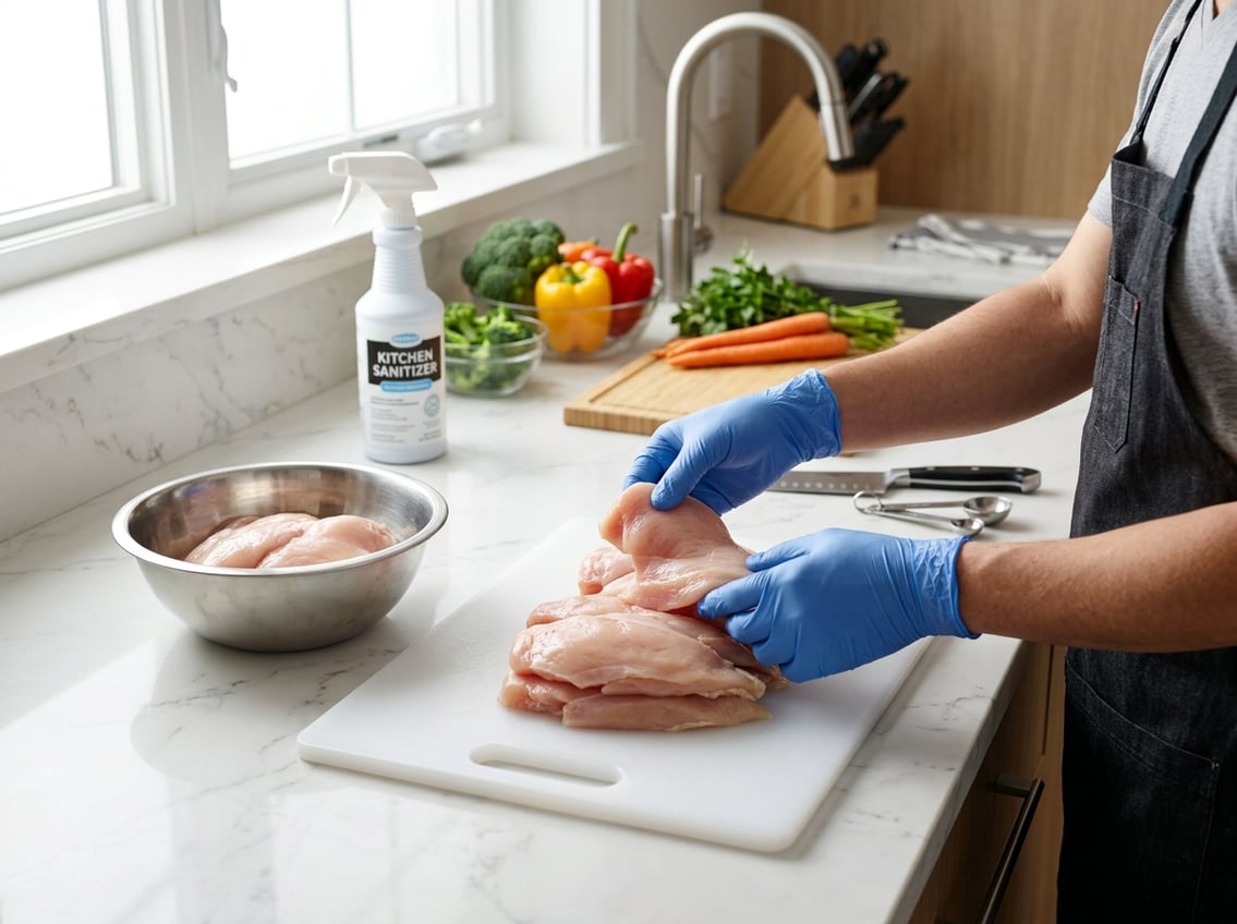A person wearing gloves preparing raw chicken breasts on a cutting board in a clean kitchen, emphasizing food safety.