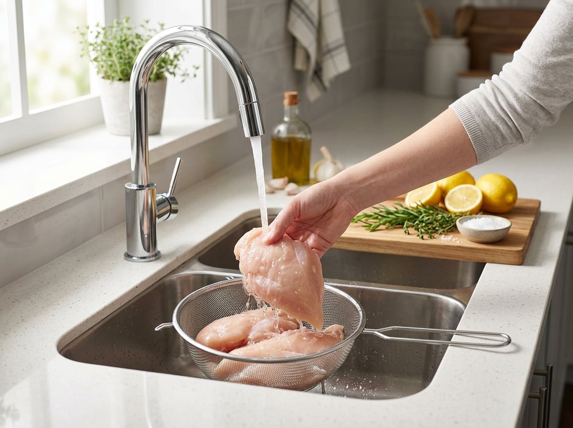 Raw chicken breasts being rinsed under a faucet in a kitchen sink with fresh vegetables nearby.
