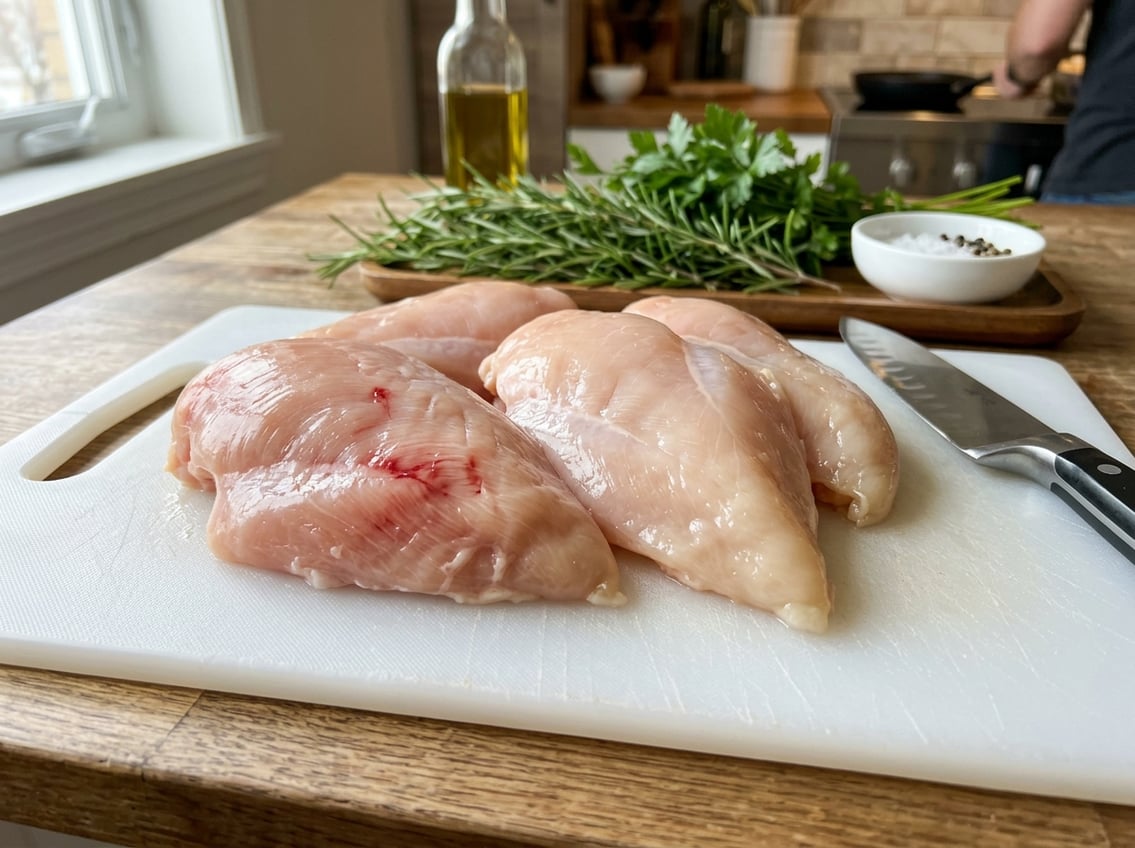 Close-up of raw chicken breasts with slight blood tint on a cutting board surrounded by fresh herbs and a kitchen knife.