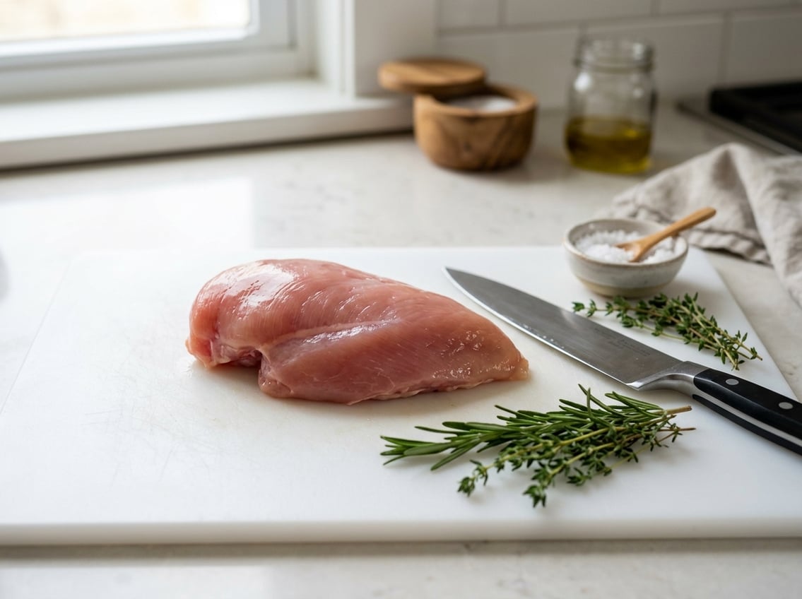 Close-up of a raw chicken breast with a pinkish-red color on a white cutting board surrounded by herbs and a knife on a kitchen countertop.