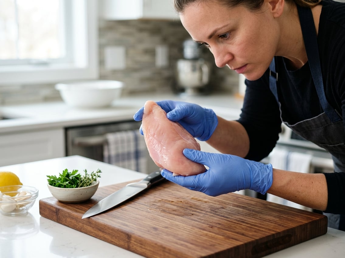 A person wearing gloves inspecting a raw chicken breast on a kitchen countertop with a knife and herbs nearby.
