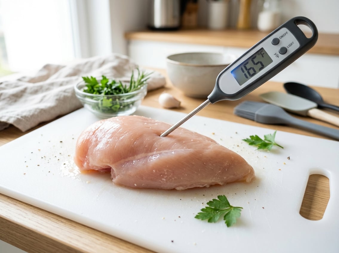 Close-up of a raw chicken breast on a cutting board with a food thermometer inserted, in a bright kitchen setting.
