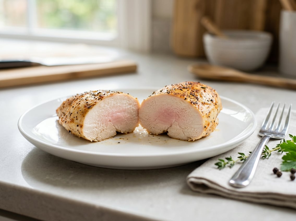 Close-up of a cooked chicken breast sliced open on a plate showing a slight pink color inside.