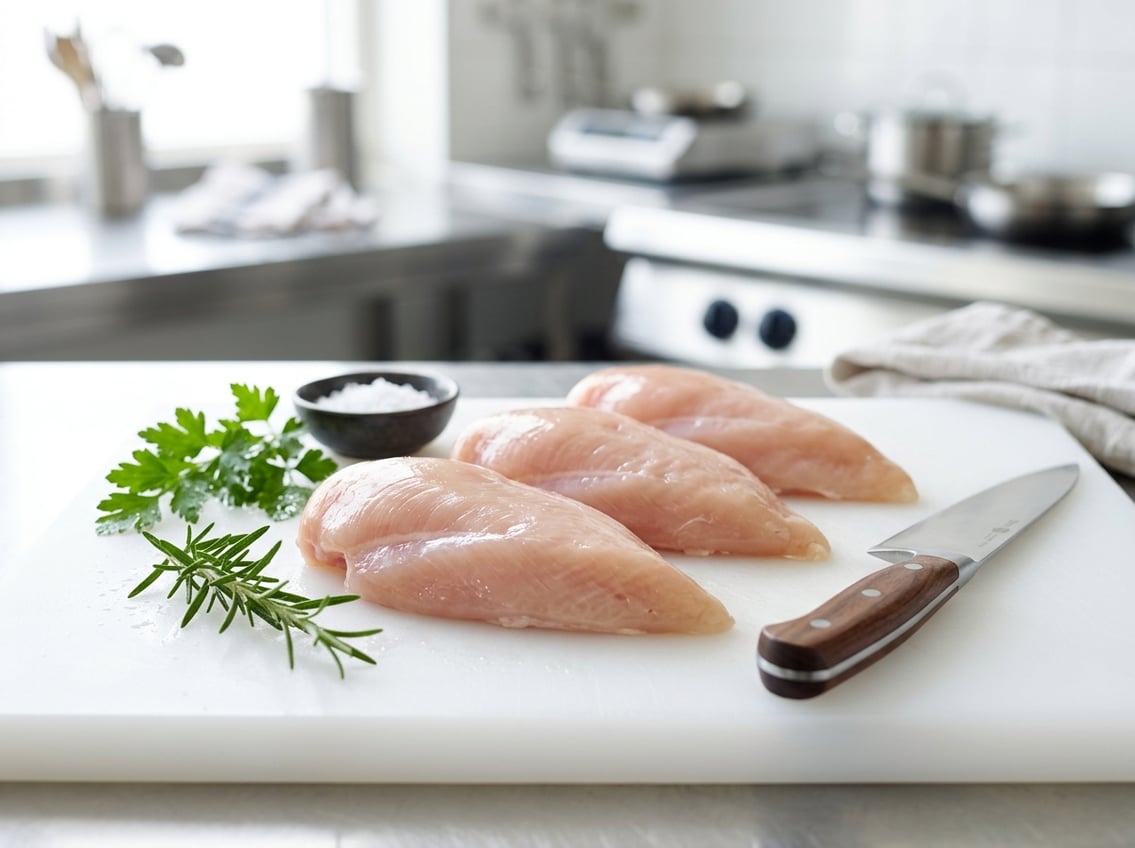 Close-up of raw chicken breasts on a cutting board with herbs and a knife in a kitchen.