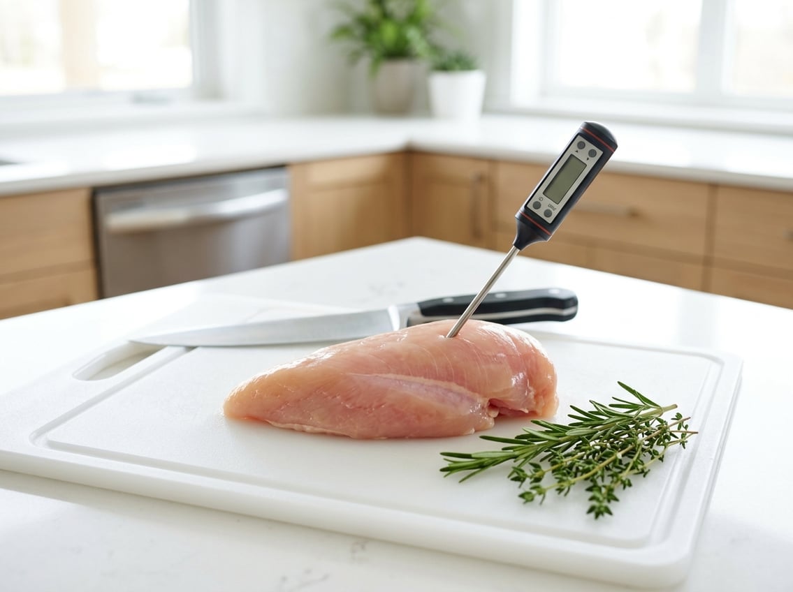 Close-up of a raw chicken breast with a meat thermometer on a cutting board in a bright kitchen.