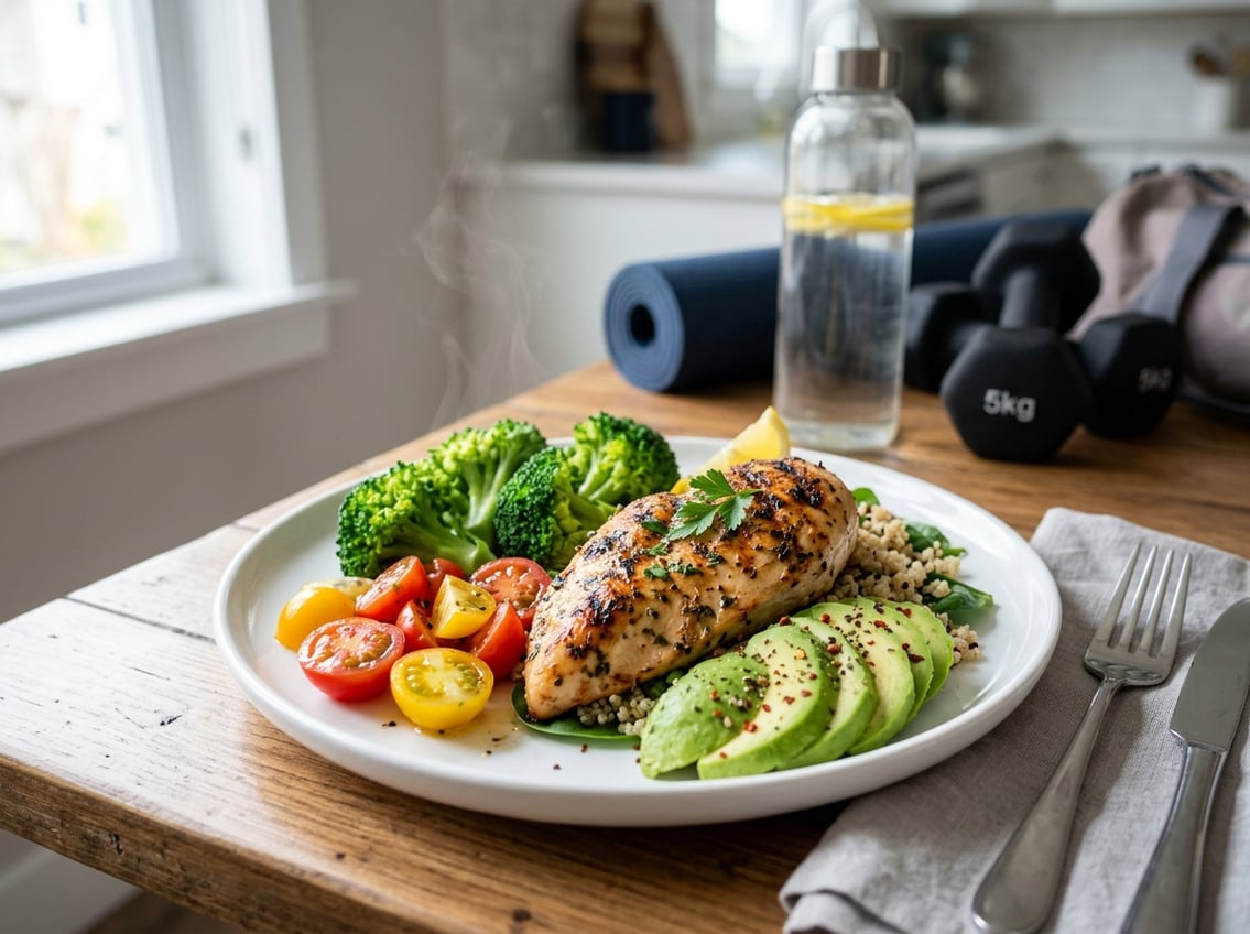 A plate with cooked chicken breast and fresh vegetables on a kitchen countertop, with gym equipment blurred in the background.