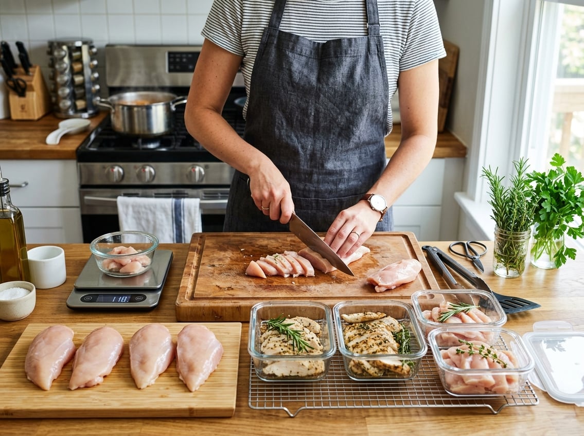 A person slicing raw chicken breasts on a cutting board with portioned chicken stored in glass containers on a kitchen countertop.