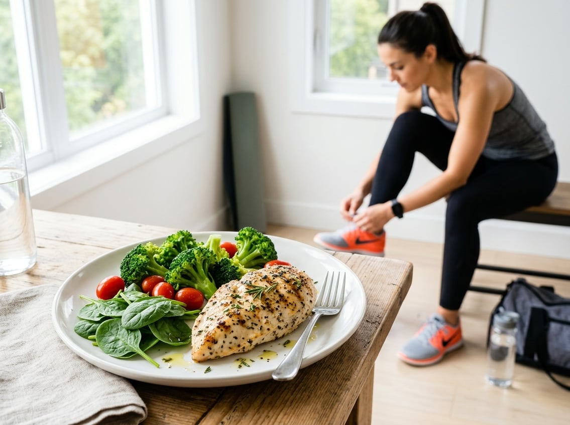 A cooked chicken breast on a plate with fresh vegetables, with a person in workout clothes preparing to exercise in the background.