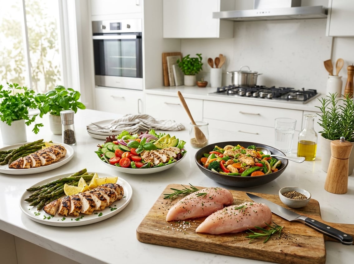 A kitchen countertop displaying several quick chicken breast dishes including grilled chicken, salad, and stir-fry with fresh ingredients and cooking tools.