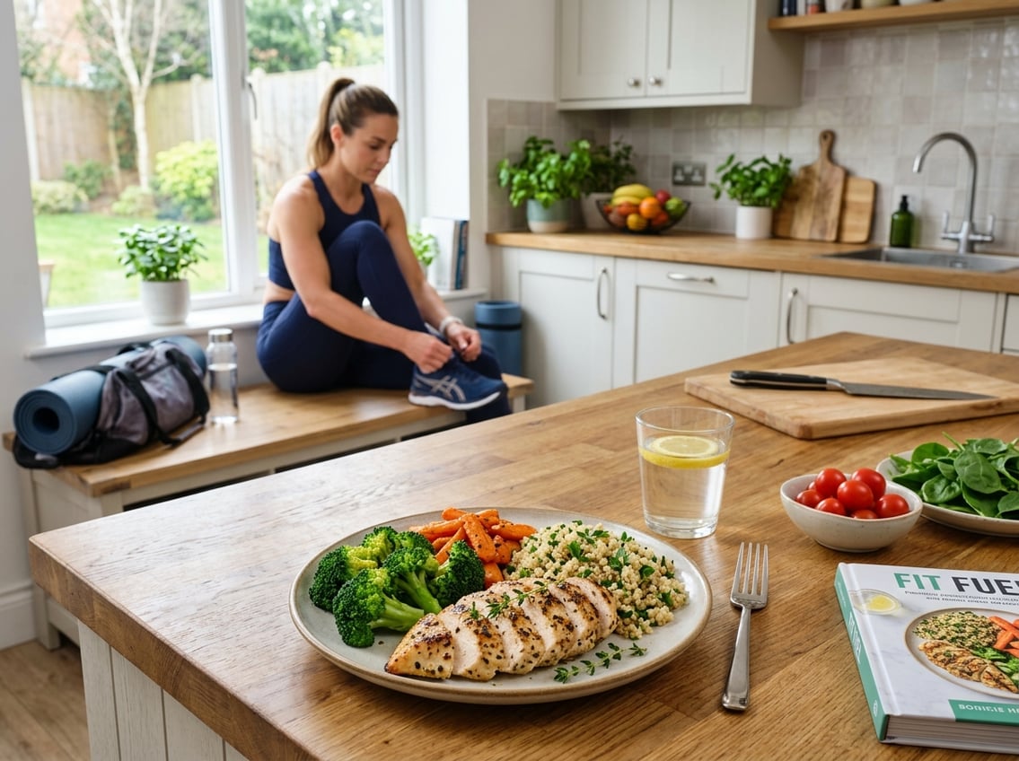A plate with cooked chicken breast, vegetables, and grains on a kitchen counter, with a person in workout clothes preparing to exercise in the background.