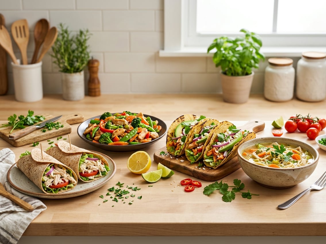 A kitchen countertop displaying several prepared meals made from cooked chicken breasts, including wraps, stir-fry, tacos, and soup, with fresh ingredients around them.