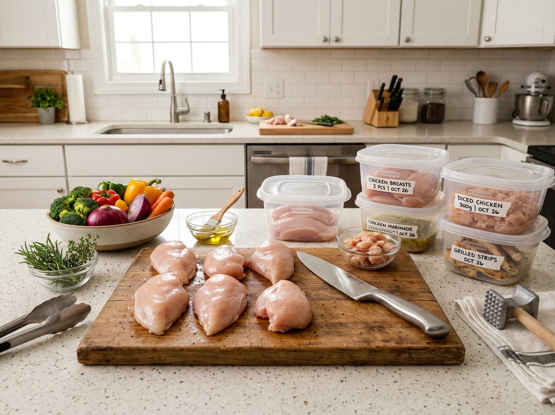 A kitchen countertop with raw chicken breasts on a cutting board and several containers of chicken prepared for freezing, surrounded by fresh herbs and kitchen utensils.