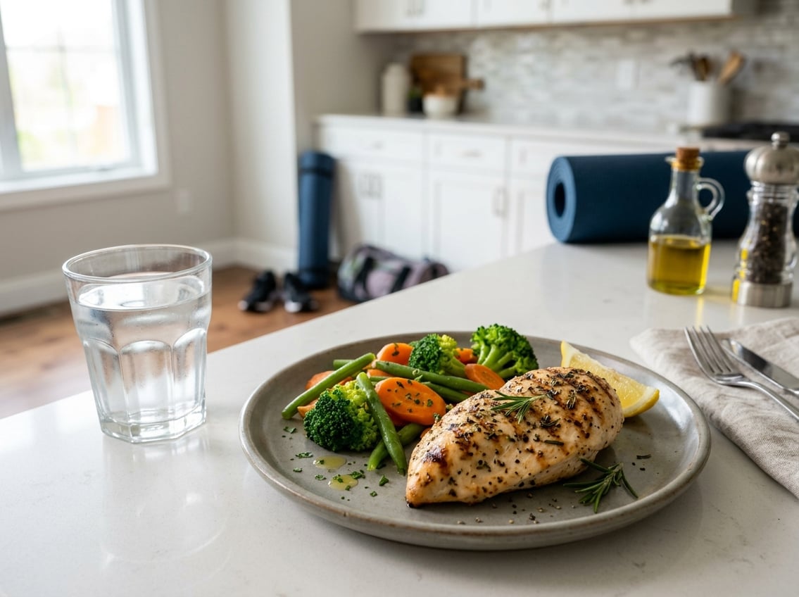 A grilled chicken breast with steamed vegetables and a glass of water on a kitchen countertop, with fitness gear in the background.