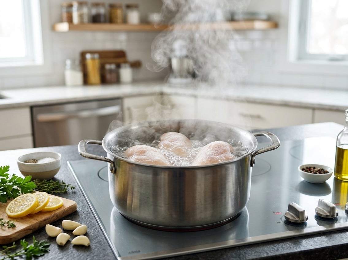 A pot of boiling water on a stove with frozen chicken breasts inside, surrounded by fresh herbs and ingredients on a kitchen countertop.