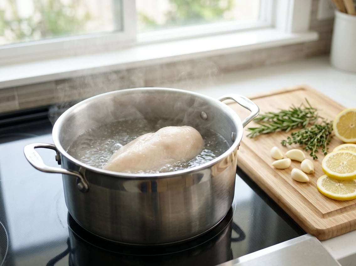 A pot of boiling water on a stove with a frozen chicken breast being cooked, surrounded by fresh herbs, garlic, and lemon slices on a kitchen counter.