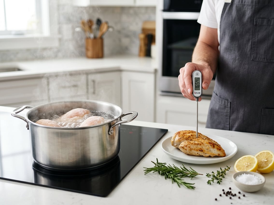 A person checking the temperature of cooked chicken breast next to a boiling pot with frozen chicken breasts inside in a kitchen.