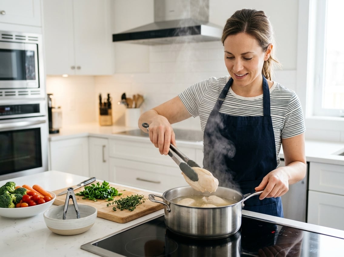 A person checking boiling chicken breasts in a pot on a stovetop in a clean kitchen.