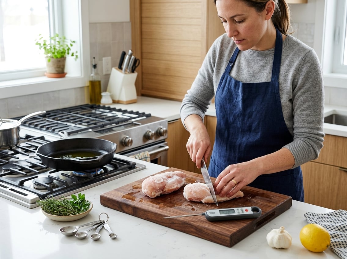 A person preparing frozen chicken breasts in a kitchen with cooking utensils and fresh ingredients on the counter.