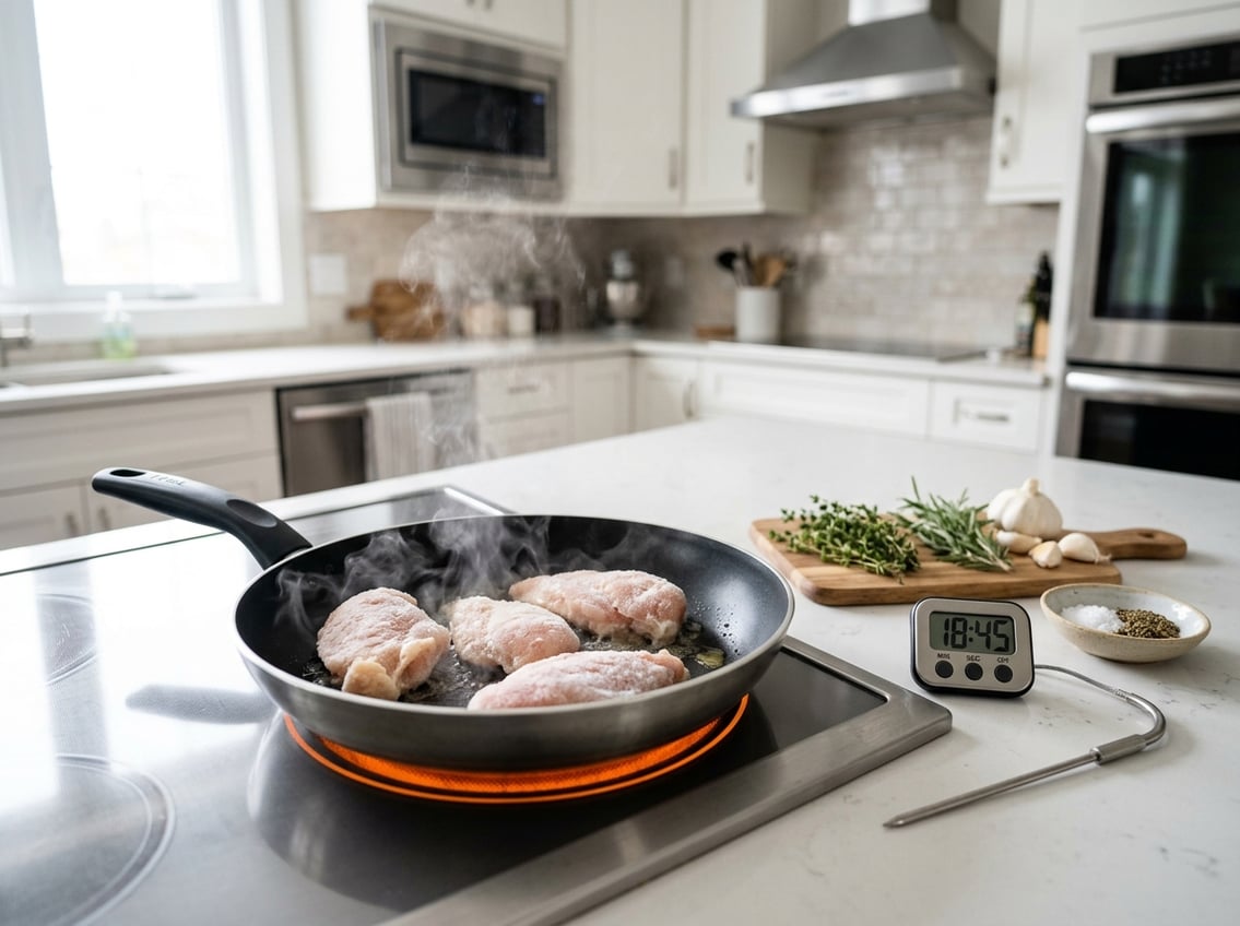 Frozen chicken breasts cooking in a frying pan on a stove with kitchen utensils and fresh herbs on the countertop.