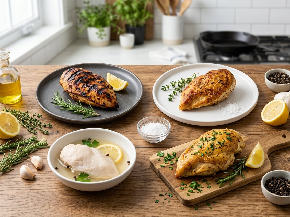 Four plates with chicken breasts cooked by grilling, pan-searing, poaching, and baking, arranged on a kitchen counter with fresh herbs and ingredients nearby.