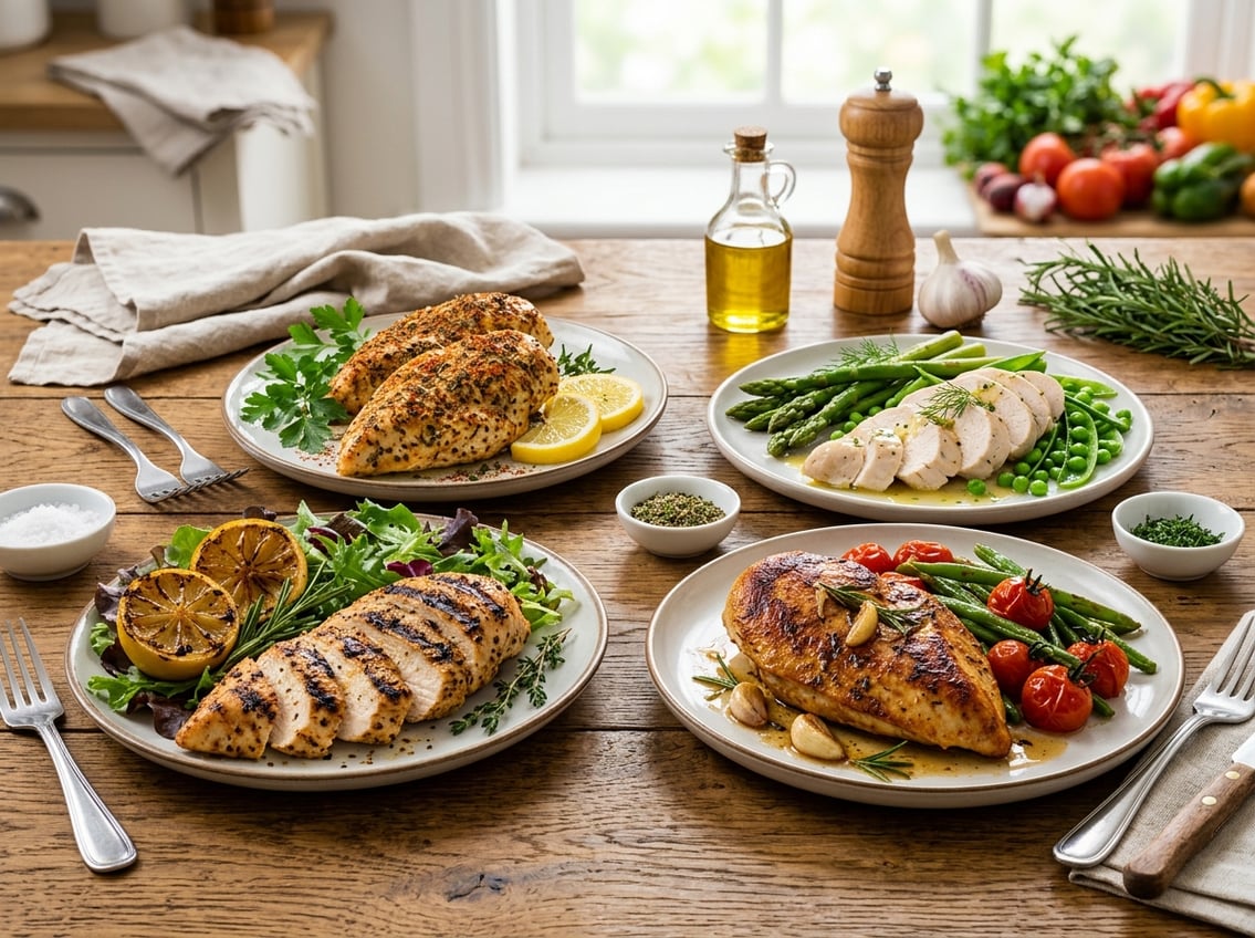 A table displaying several cooked chicken breast dishes with fresh vegetables and herbs.