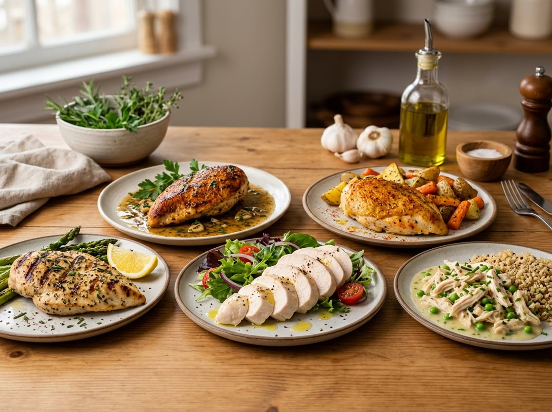 A variety of cooked chicken breast dishes prepared using different cooking methods arranged on plates with fresh herbs and ingredients on a kitchen table.