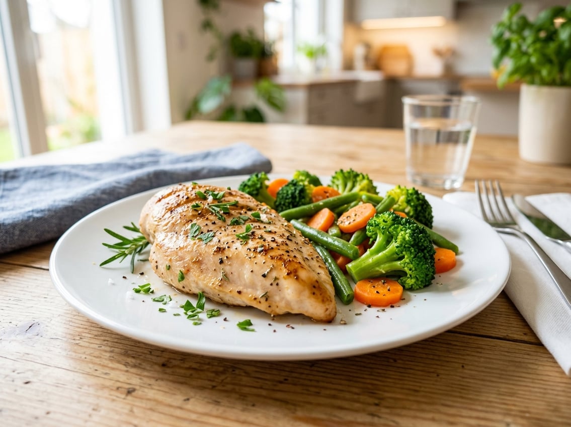 A cooked chicken breast on a white plate with steamed vegetables on a dining table.
