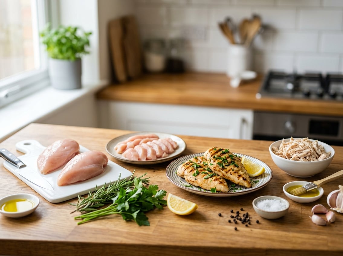 Various preparations of chicken breast including raw, sliced, grilled, and shredded pieces arranged on a kitchen counter with fresh herbs and lemon.