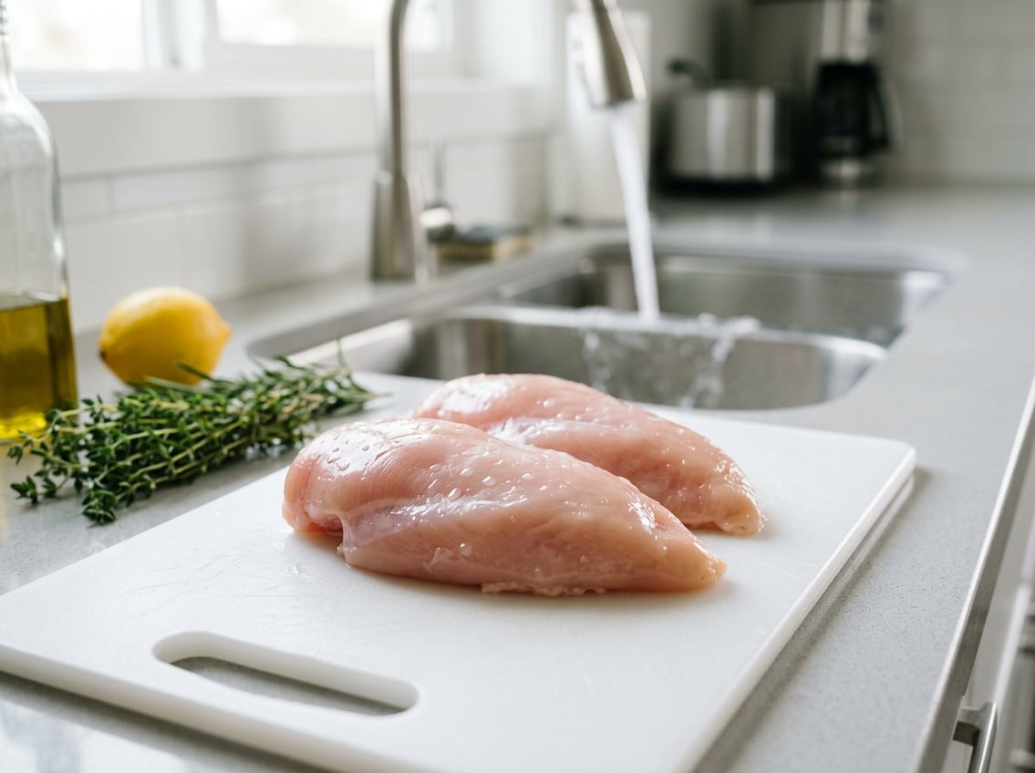 Raw chicken breasts on a cutting board with water running from a kitchen faucet into a sink in the background.