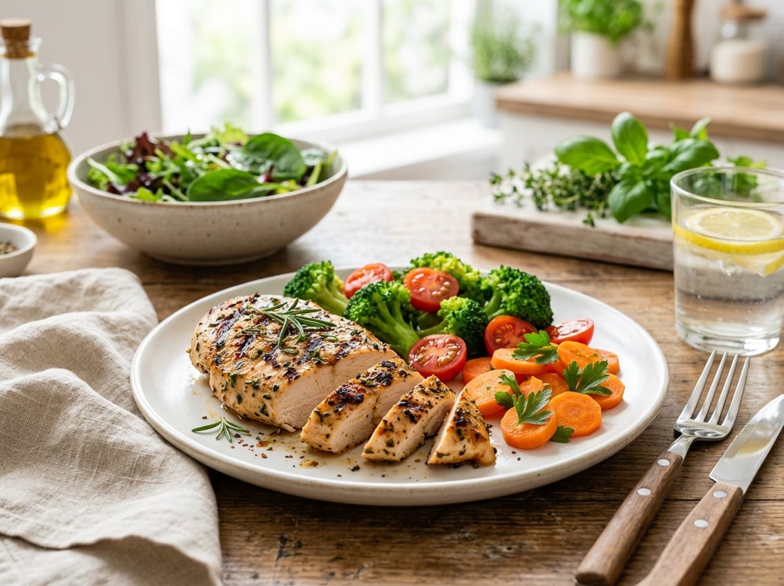 A plate with grilled chicken breast and fresh vegetables on a dining table in a bright kitchen.