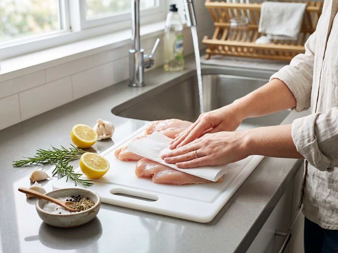 Hands patting raw chicken breasts dry on a cutting board in a kitchen with fresh ingredients nearby.